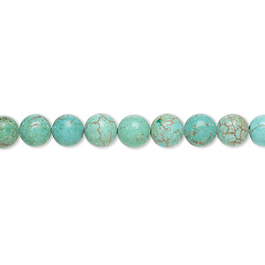 Bead, magnesite (dyed / stabilized), blue-green, 5-6mm round, C grade, Mohs hardness 3-1/2 to 4. Sold per 15-inch strand.