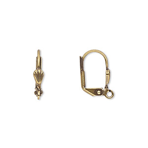 Ear wire, antique gold-plated brass, 16mm leverback with 6x3mm shell and open loop. Sold per pkg of 50 pairs.