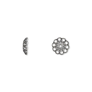 Bead cap, antique silver-plated brass, 8x2mm fancy round with cutouts ...