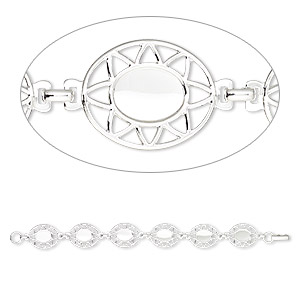 Bracelet component, silver-plated brass, 20x17 fancy oval with (6) 10x8mm oval settings, 7 inches with fold-over clasp. Sold per pkg of 10.