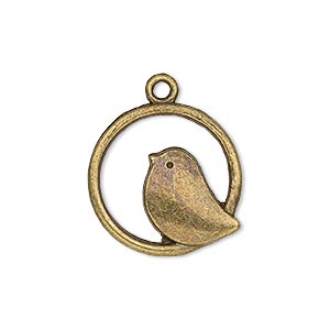 Drop, antique brass-plated &quot;pewter&quot; (zinc-based alloy), 21x20.5mm single-sided flat round with bird. Sold per pkg of 10.