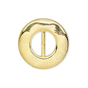 Slide, gold-finished &quot;pewter&quot; (zinc-based alloy), 26mm single-sided dented round, 11x5mm hole. Sold per pkg of 4.