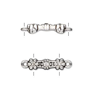 Link, glass rhinestone and antique silver-finished &quot;pewter&quot; (zinc-based alloy), clear, 18x5mm double-drilled bar with flower design, fits up to 11.5mm bead. Sold per pkg of 10.