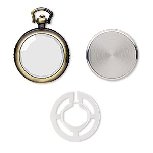 Watch body, glass / stainless steel / antique brass-plated &quot;pewter&quot; (zinc-based alloy), 54x40mm round. Sold per 4-piece set.