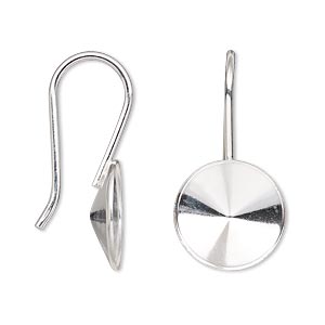 Ear wire, Almost Instant Jewelry&reg;, sterling silver, 30mm fishhook with 14mm rivoli setting, 18 gauge. Sold per pair.