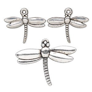 Focal and charm, antique silver-finished &quot;pewter&quot; (zinc-based alloy), (1) 30x20mm double-sided dragonfly and (2) 20x15mm double-sided dragonfly. Sold per 3-piece set.