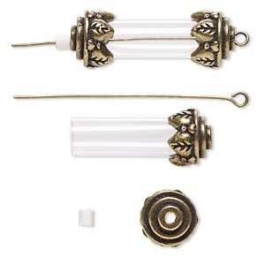 Focal, acrylic and antique brass-finished brass and &quot;pewter&quot; (zinc-based alloy), clear, 34x12mm with 25x8mm round tube and removable ends, 2-inch eye pin. Sold per pkg of 10.