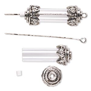 Focal, acrylic and antique silver-finished brass and &quot;pewter&quot; (zinc-based alloy), clear, 34x12mm with 25x8mm round tube and removable ends, 2-inch eye pin. Sold per pkg of 10.