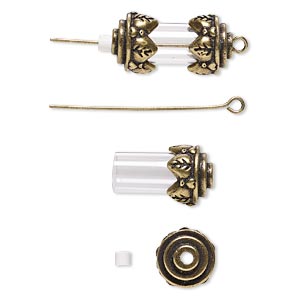 Drop, acrylic with antique brass-finished brass and &quot;pewter&quot; (zinc-based alloy), clear, 24x12mm with 15x8mm round tube and removable ends, 1-1/2 inch eye pin. Sold per pkg of 10.