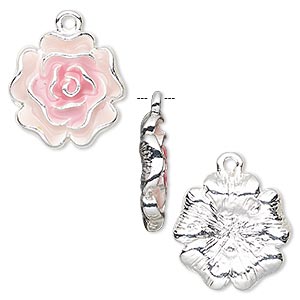 Charm, enamel and silver-finished &quot;pewter&quot; (zinc-based alloy), pink and light pink, 18x17mm flower. Sold per pkg of 2.