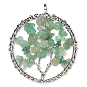 Focal, green aventurine (natural) and silver-plated brass, 55x52mm round with wire-wrapped tree design. Sold individually.