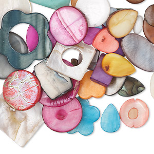 Bead mix, mother-of-pearl shell (natural / bleached / dyed), mixed colors, 11x11mm-35x35mm multi-shape. Sold per pkg of 1/4 pound, approximately 60 beads.