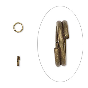 Split ring, antique brass-plated steel, 5mm round with 3.7mm inside diameter. Sold per pkg of 100.
