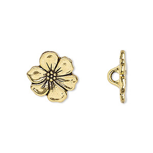 Button, TierraCast&reg;, antique gold-plated pewter (tin-based alloy), 15x14mm flower. Sold per pkg of 2.