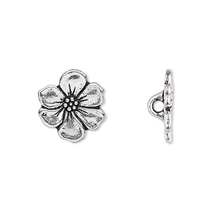 Button, TierraCast&reg;, antique silver-plated pewter (tin-based alloy), 15x14mm flower. Sold per pkg of 2.