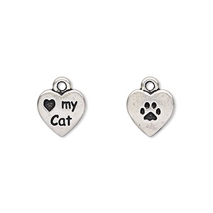 Charm, TierraCast&reg;, antique silver-plated pewter (tin-based alloy), 10mm double-sided heart with &quot;Love my Cat&quot; and paw print. Sold per pkg of 2.