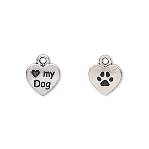 Charm, TierraCast&reg;, antique silver-plated pewter (tin-based alloy), 10mm two-sided heart with &quot;Love my Dog&quot; and paw print. Sold per pkg of 2.