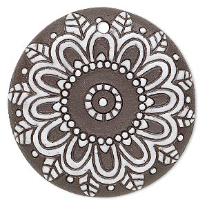 Focal, ceramic, brown and white, 45mm single-sided round with geometric flower design, 2.5mm hole. Sold individually.