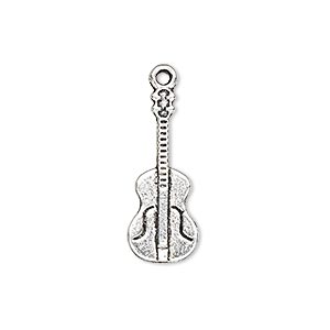 Charm, antique silver-plated &quot;pewter&quot; (zinc-based alloy), 24x10mm single-sided guitar. Sold per pkg of 10.