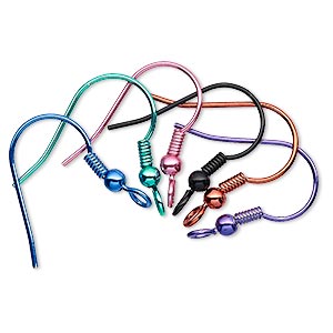 Ear wire, electro-coated brass, assorted colors, 19mm fishhook with 3mm ball and 4mm coil with open loop, 21 gauge. Sold per pkg of 6 pairs.