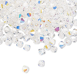 Bead, Preciosa Czech crystal, crystal AB, 4mm faceted bicone. Sold per pkg of 48.