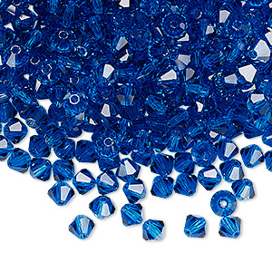 Bead, Preciosa Czech crystal, Capri blue, 4mm faceted bicone. Sold per pkg of 48.