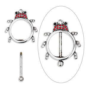 Focal, bead pin, glass rhinestone / antique silver-finished brass / &quot;pewter&quot; (zinc-based alloy), clear / red / black, 43x38mm single-sided ladybug with twist-off top, 23.5mm beadable length. Sold individually.