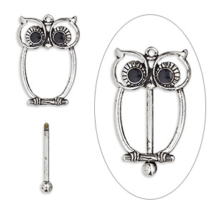 Focal, bead pin, epoxy / antique silver-finished brass / &quot;pewter&quot; (zinc-based alloy), black, 48.5x30.5mm single-sided owl with twist-off top, 24mm beadable length. Sold individually.