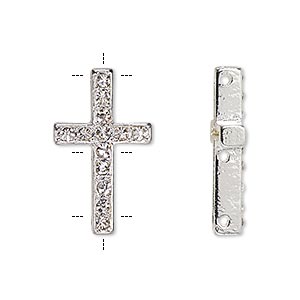 Spacer, Czech glass rhinestone and silver-finished &quot;pewter&quot; (zinc-based alloy), clear, 25x15mm single-sided 3-strand cross with 2mm faceted round, fits up to 10mm bead. Sold per pkg of 2.