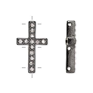 Spacer, Czech glass rhinestone and painted &quot;pewter&quot; (zinc-based alloy), clear and black, 25x15mm single-sided 3-strand cross with 2mm faceted round, fits up to 10mm bead. Sold per pkg of 2.