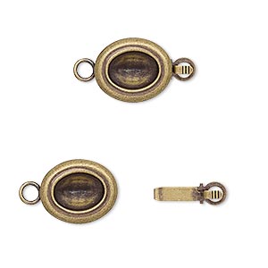 Clasp, Almost Instant Jewelry&reg;, tab, antique gold-plated brass, 13x11mm oval with 8x6mm oval setting. Sold per pkg of 4.