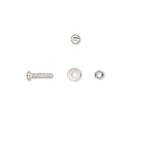 Micro hardware, silver-plated brass, 2.5x1.5mm nut / 4x0.5mm washer / 1/4 inch screw with 1.6mm thread diameter. Sold per pkg of 300.