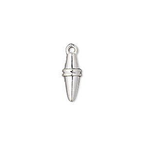 Drop, silver-coated plastic, 15x6mm double cone. Sold per pkg of 6.