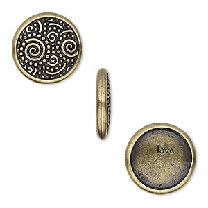 Snap cap, TierraCast&reg;, glue-on, antique brass-plated pewter (tin-based alloy), 15mm single-sided round with swirl design and &quot;love.&quot; Sold per pkg of 2.