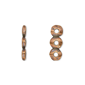 Spacer, TierraCast&reg;, antique copper-plated pewter (tin-based alloy), 18x2.5mm 3-strand rondelle nugget with 2mm hole, fits up to 6mm bead. Sold per pkg of 2.