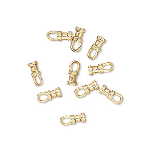 Crimp end, gold-plated brass, 4.5x3mm tube with loop, 1-1.5mm inside diameter. Sold per pkg of 10.