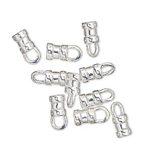 Crimp end, silver-plated brass, 6x4.5mm tube with loop, 3mm inside diameter. Sold per pkg of 10.