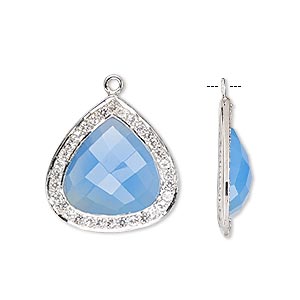 Drop, blue chalcedony (dyed) / white topaz (natural) / sterling silver, 20x20mm single-sided faceted teardrop. Sold individually.