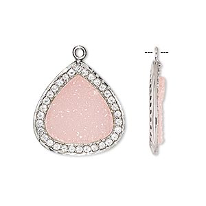 Drop, druzy agate (dyed) / white topaz (natural) / sterling silver, pink, 20x20mm single-sided teardrop. Sold individually.