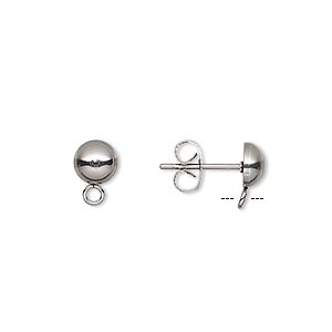 Earstud, stainless steel, 6mm half ball with open loop. Sold per pkg of ...