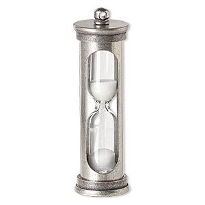 Focal, sand / glass / silicone / antique silver-finished brass, white and clear, 47x14mm hourglass. Sold individually.