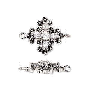 Link, cubic zirconia and antique silver-plated bronze, clear, 19x19mm single-sided cross with 7x3mm faceted oval and 4mm faceted oval. Sold individually.