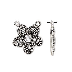 Connector, cubic zirconia and antique silver-plated bronze, clear, 19x19mm single-sided flower with 4mm faceted round and closed loops. Sold individually.