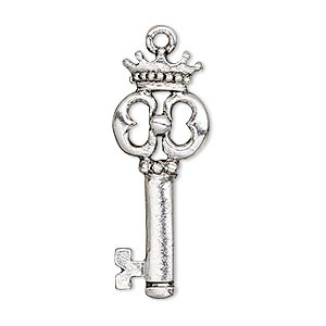 Focal, antique silver-plated pewter (tin-based alloy), 34x13mm single-sided key with crown. Sold individually.