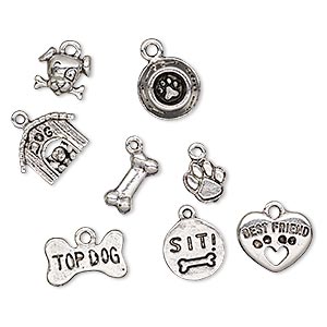 Charm, antique silver-plated pewter (tin-based alloy), 9x9mm-16.5x12mm assorted dog lover theme. Sold per 8-piece set.