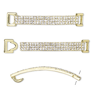 Clasp, hook-and-eye, glass rhinestone and gold-finished pewter  (zinc-based alloy), clear, 48x8mm single-sided curved rectangle, 5x2.5mm  inside diameter. Sold per 2-piece set. - Fire Mountain Gems and Beads