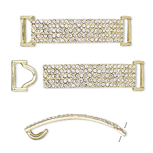 Clasp, hook-and-eye, glass rhinestone and gold-finished pewter  (zinc-based alloy), clear, 49x13mm single-sided curved rectangle, 10x3.5mm  inside diameter. Sold per 2-piece set. - Fire Mountain Gems and Beads