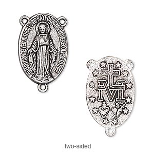 Connector, antique silver-plated &quot;pewter&quot; (zinc-based alloy), 21x15mm two-sided oval rosary. Sold per pkg of 10.