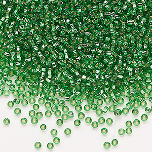 Seed bead, Preciosa Ornela, Czech glass, transparent silver-lined light green, #11 rocaille with square hole. Sold per 50-gram pkg.