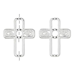Bead frame, silver-finished &quot;pewter&quot; (zinc-based alloy), 35x28mm cross with cutouts, fits up to 5.5mm bead. Sold per pkg of 2.